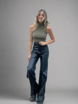 Thermal Insulation Tech Layered Hemline Alyssa PU Flare Trouser / Black PU