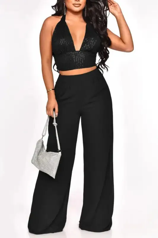 Sequin Halter Neck Crop Top Chiffon Pant Set