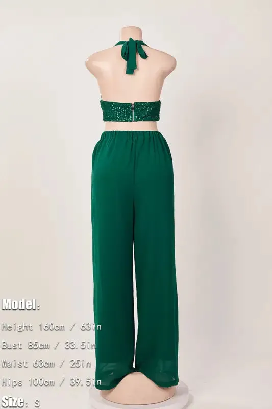 Sequin Halter Neck Crop Top Chiffon Pant Set