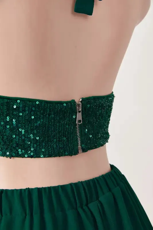 Sequin Halter Neck Crop Top Chiffon Pant Set