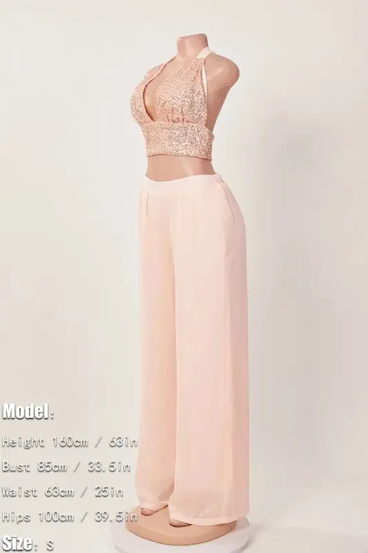 Sequin Halter Neck Crop Top Chiffon Pant Set