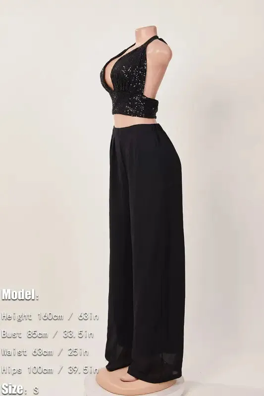 Sequin Halter Neck Crop Top Chiffon Pant Set