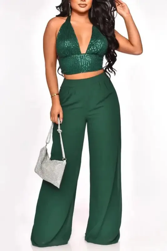 Sequin Halter Neck Crop Top Chiffon Pant Set