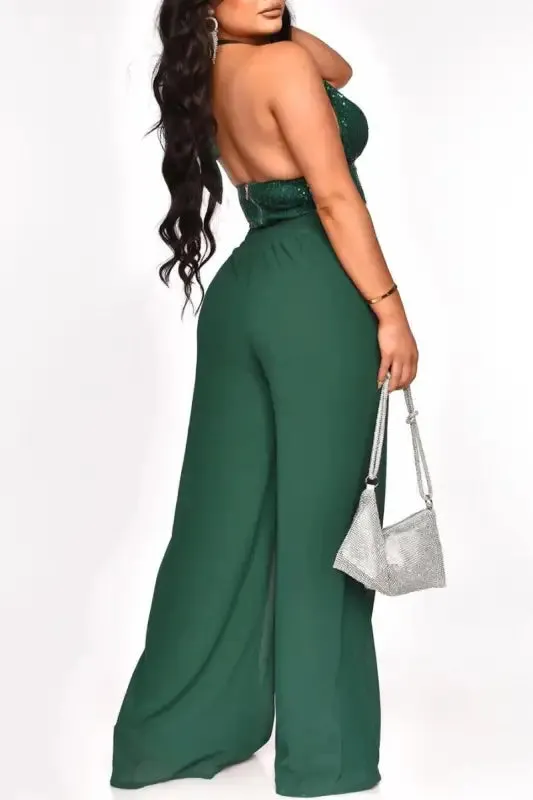 Sequin Halter Neck Crop Top Chiffon Pant Set