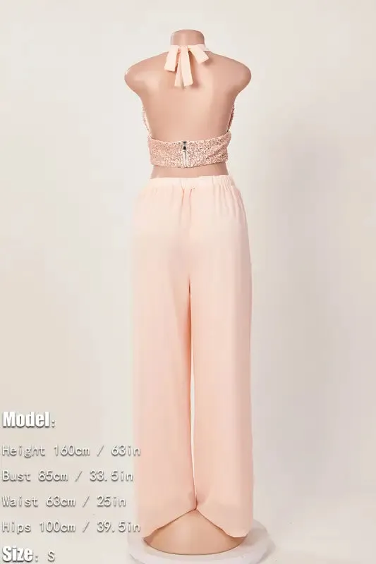 Sequin Halter Neck Crop Top Chiffon Pant Set