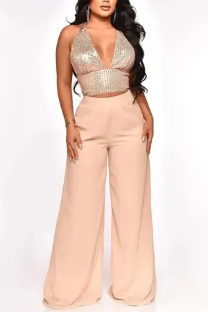 Sequin Halter Neck Crop Top Chiffon Pant Set