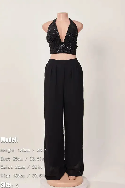 Sequin Halter Neck Crop Top Chiffon Pant Set