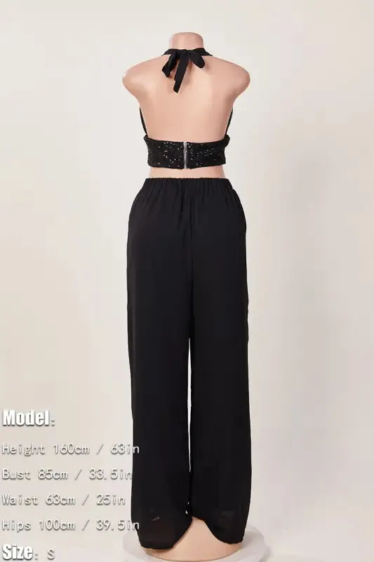 Sequin Halter Neck Crop Top Chiffon Pant Set