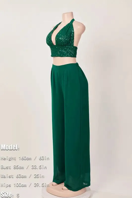Sequin Halter Neck Crop Top Chiffon Pant Set