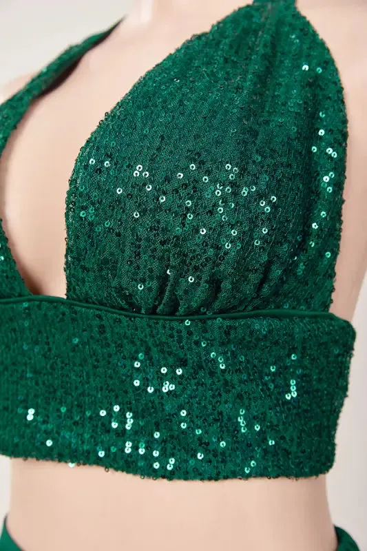 Sequin Halter Neck Crop Top Chiffon Pant Set