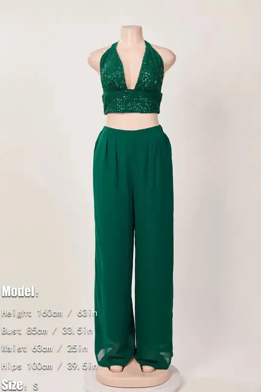 Sequin Halter Neck Crop Top Chiffon Pant Set