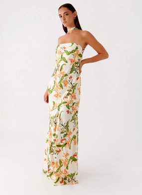 Damali Satin Maxi Dress - Floral Print Neutral Form Calm Mood
