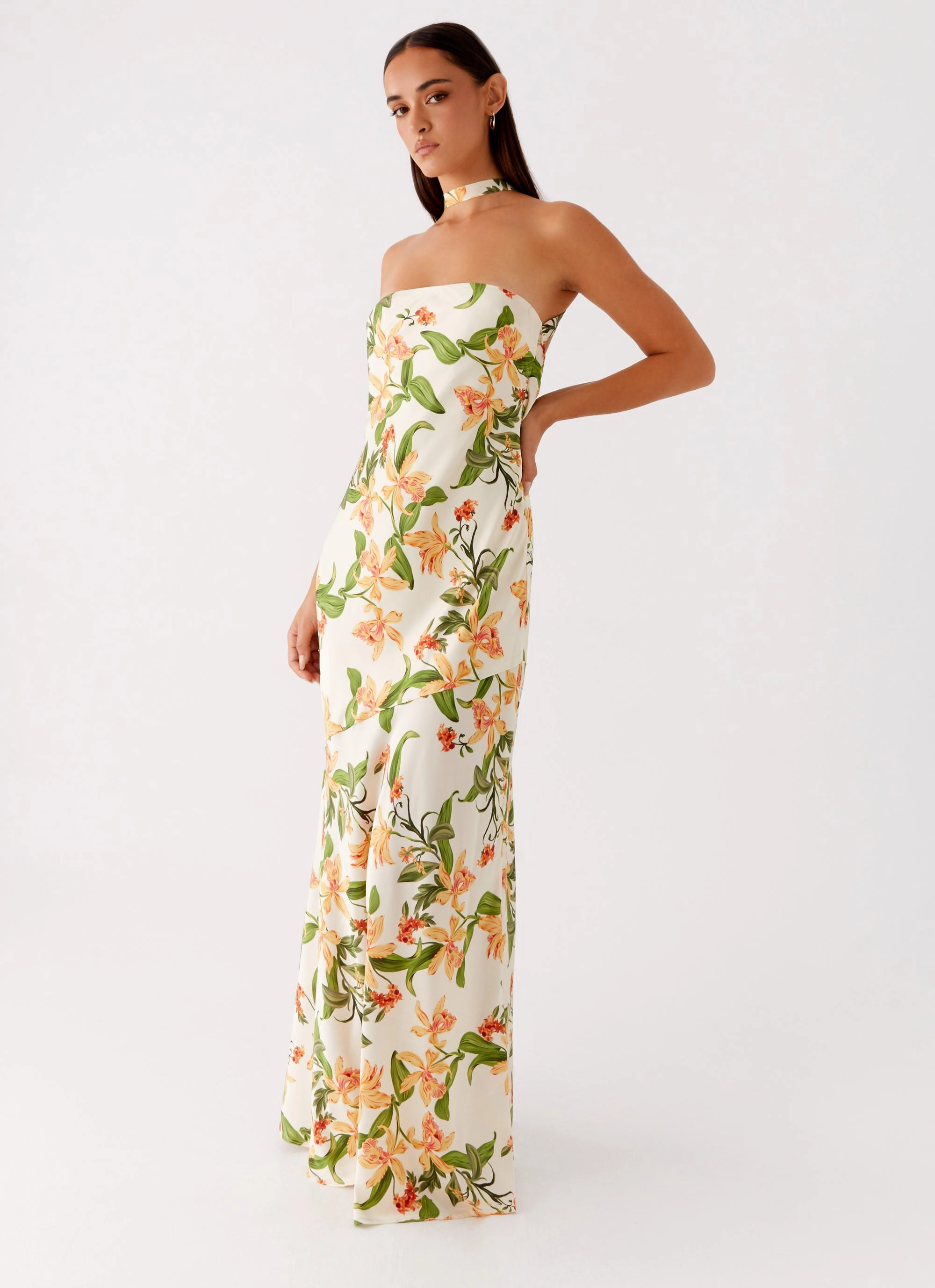 Damali Satin Maxi Dress - Floral Print Neutral Form Calm Mood
