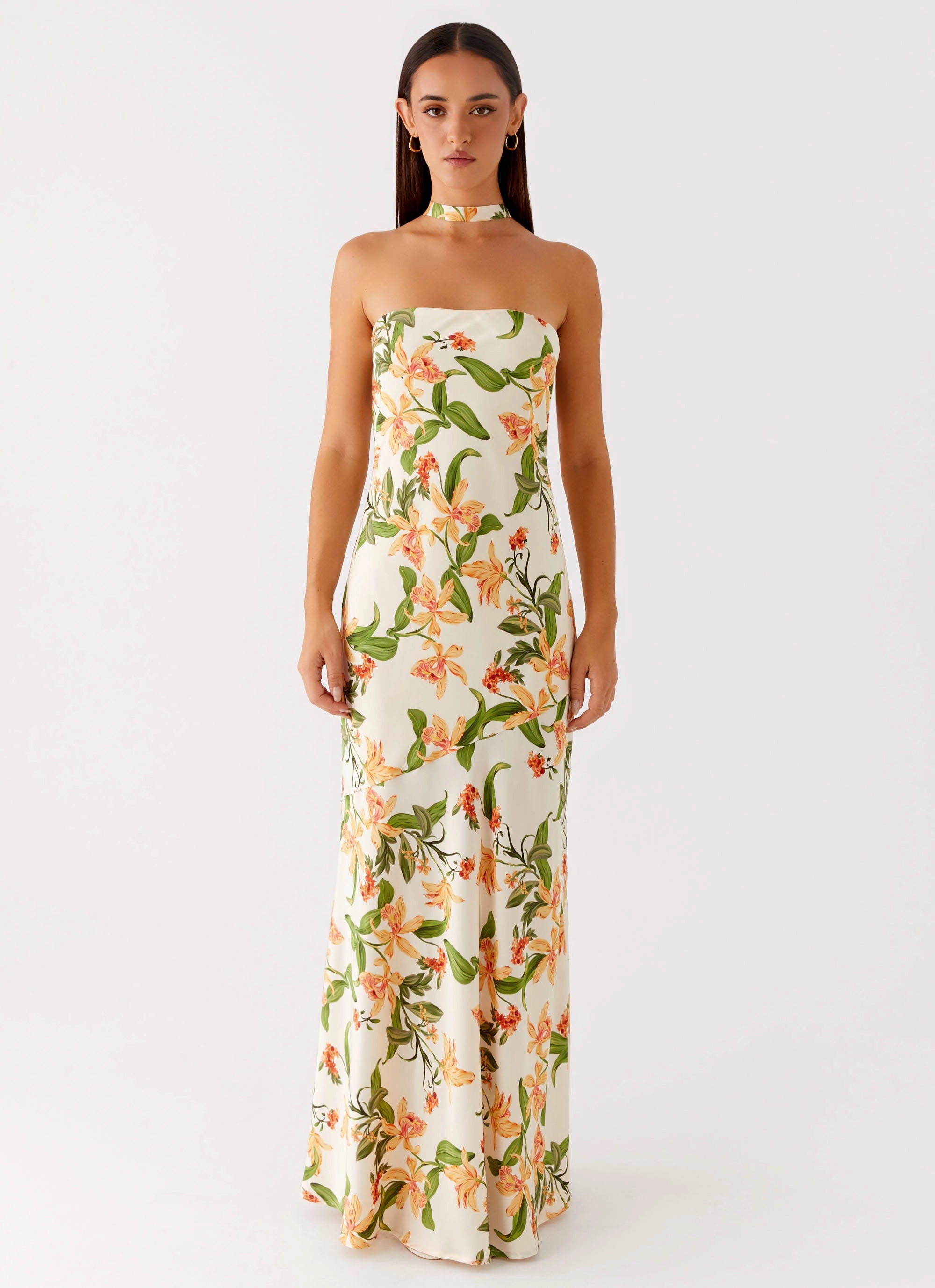 Flowing Texture Smooth Flow Damali Satin Maxi Dress - Floral Print