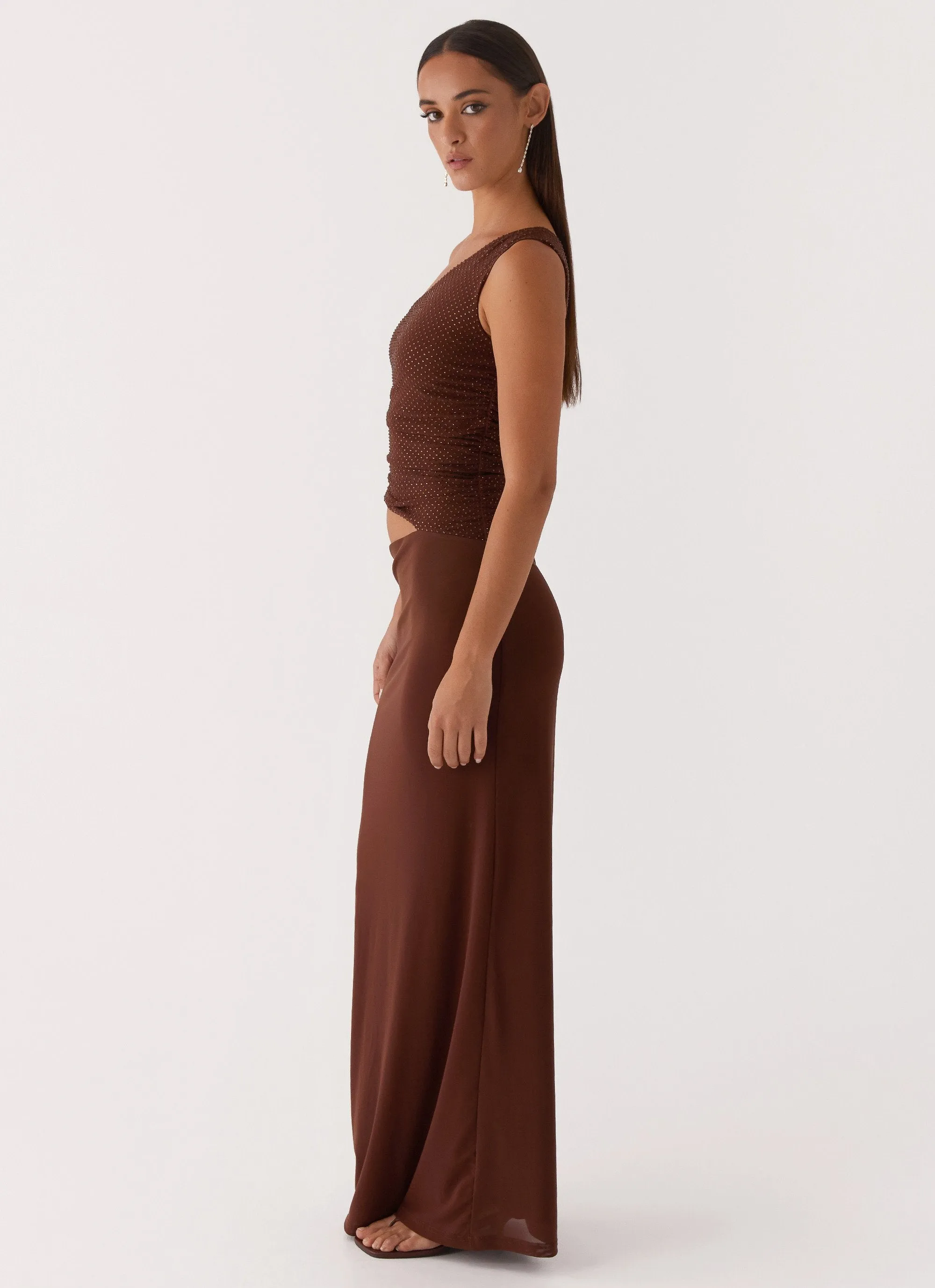 Smooth Lines Timeless Style Seranella Sequin One Shoulder Maxi Dress - Chocolate