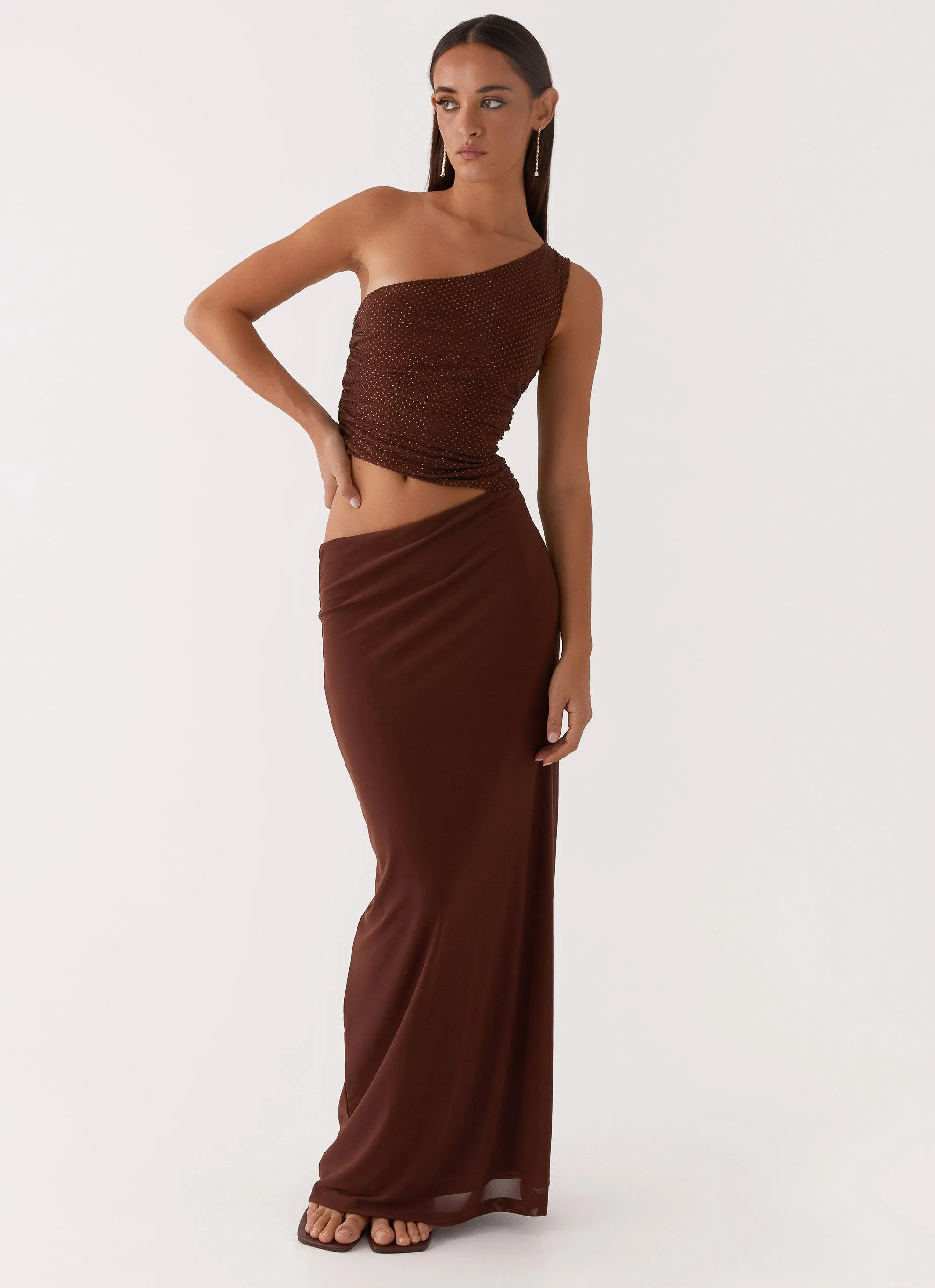 Seranella Sequin One Shoulder Maxi Dress - Chocolate Brunch Glow