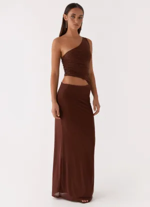 Seranella Sequin One Shoulder Maxi Dress - Chocolate Sophisticated Waist Vibrant Layer