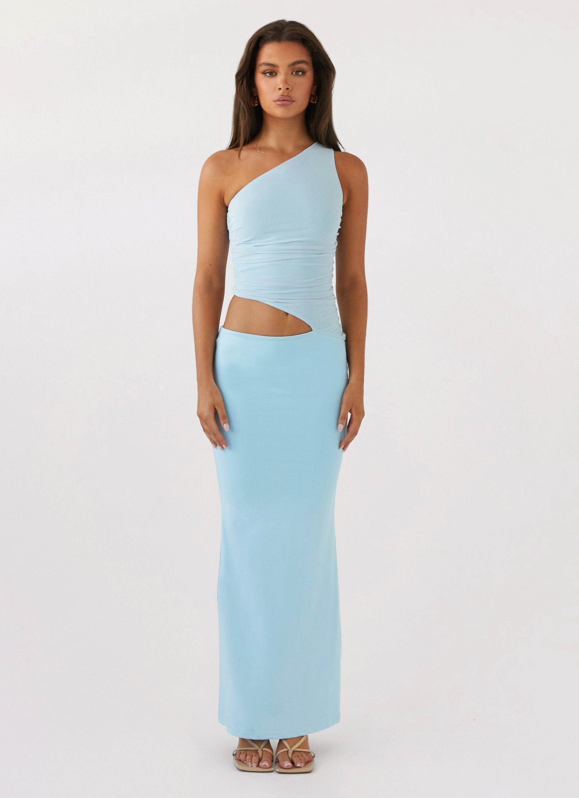 Casual Chic Wear Fall Style Seranella One Shoulder Maxi Dress - Sky Blue