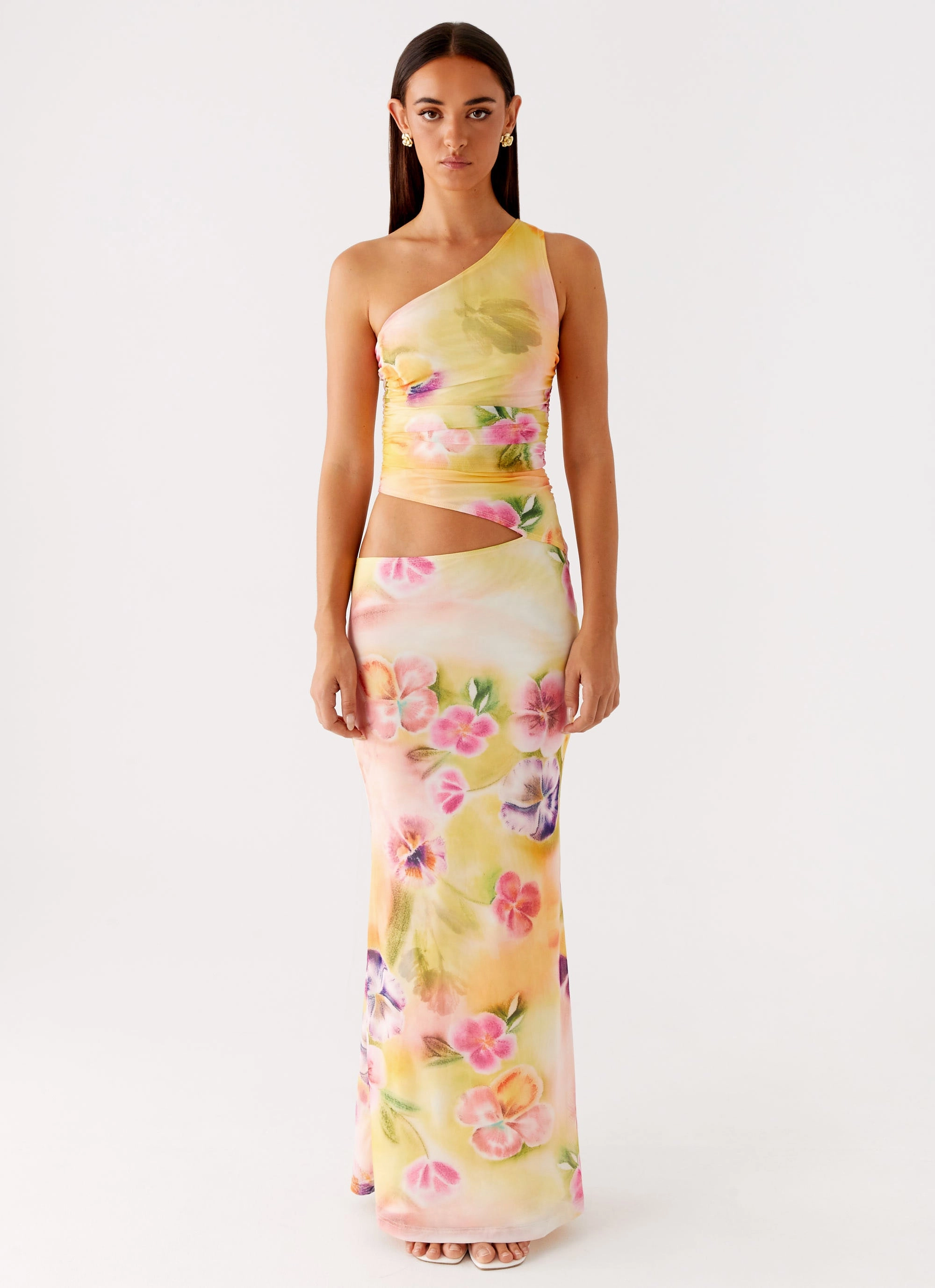 Fall Tone Seranella One Shoulder Maxi Dress - Sunburst Floral