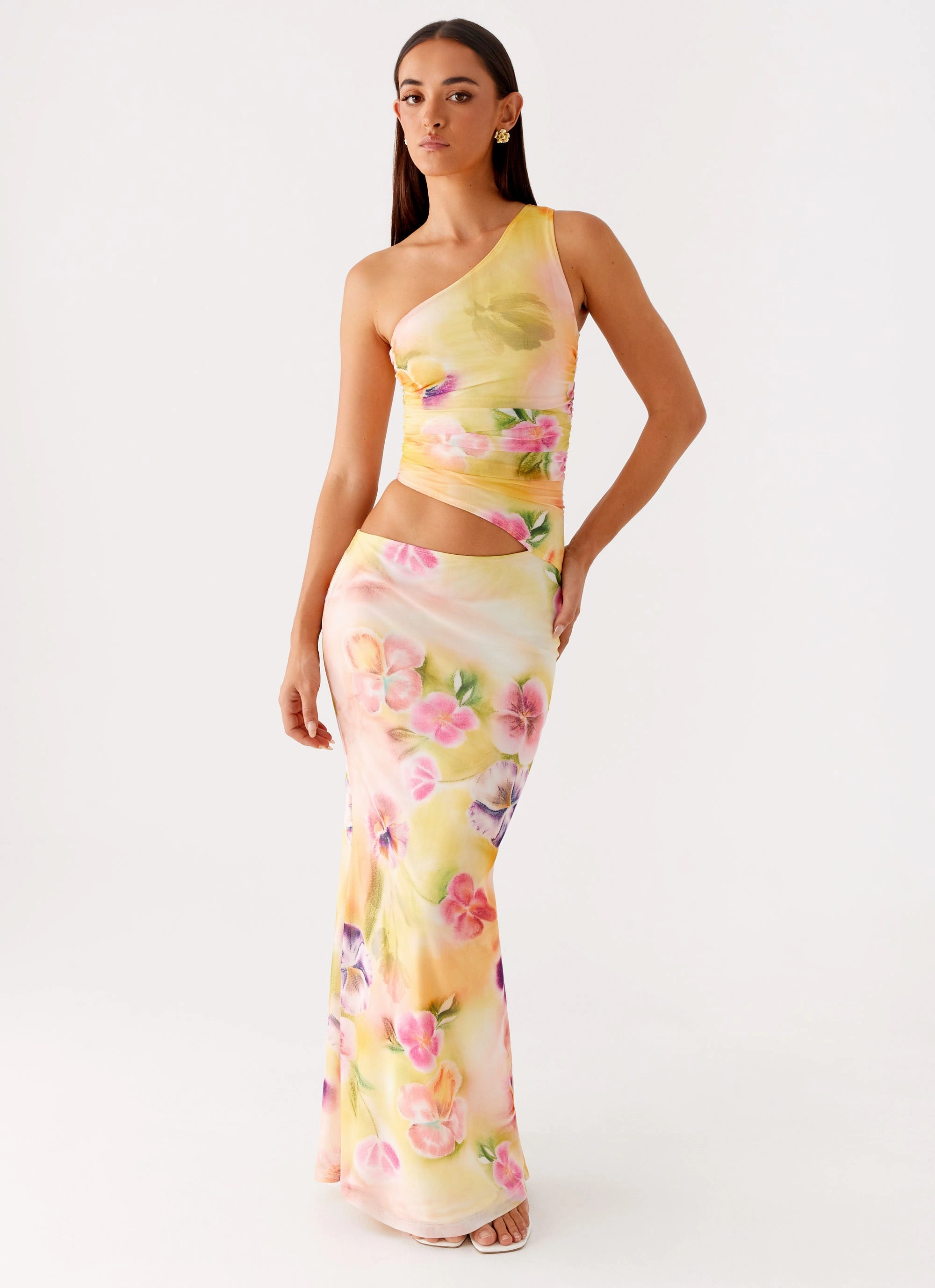 Trendy floral dress Natural Form Seranella One Shoulder Maxi Dress - Sunburst Floral