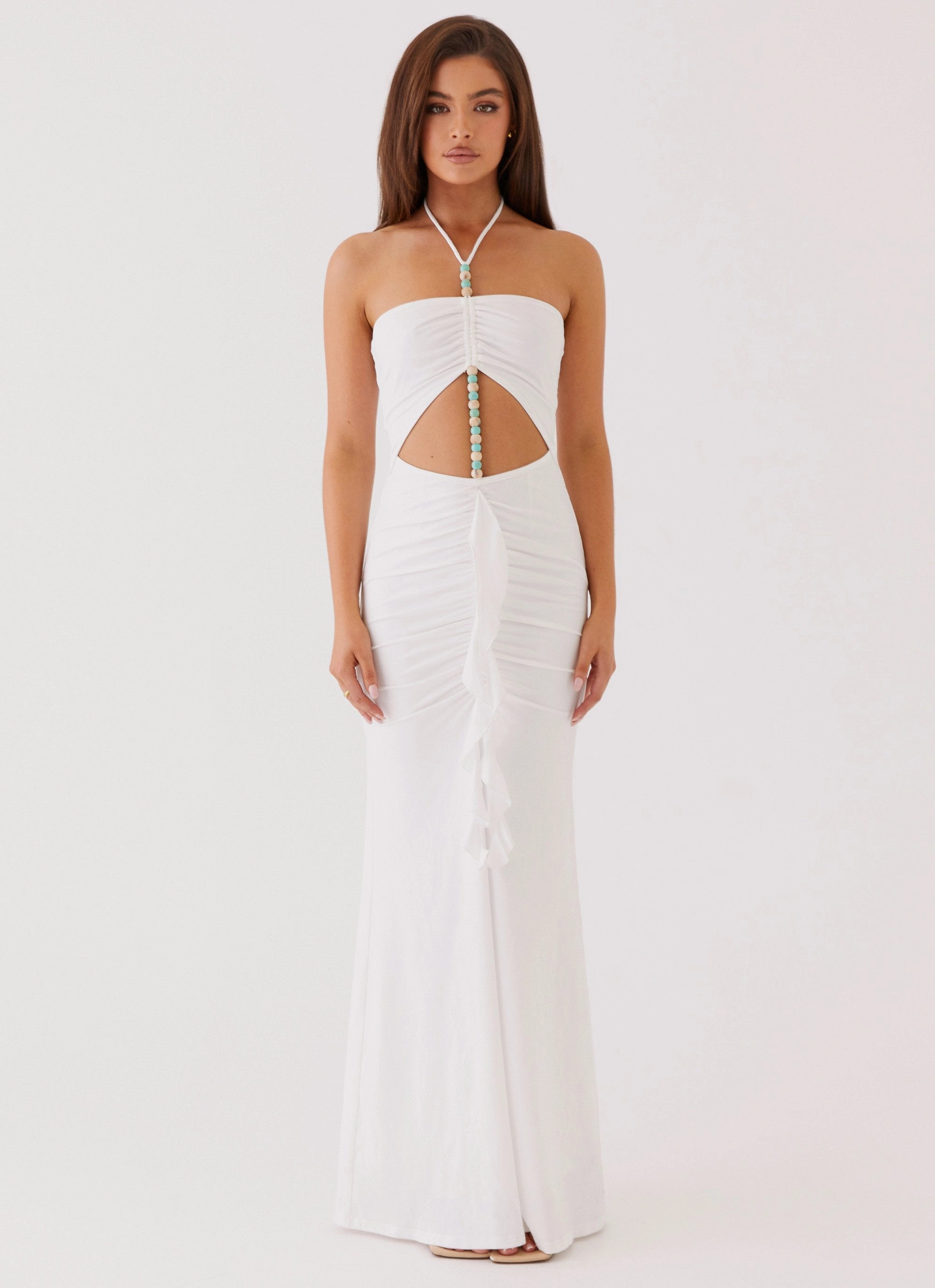Elegant Comfort Flattering Layers Serina Ruffle Maxi Dress - White