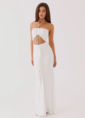 Serina Ruffle Maxi Dress - White Flattering Waistband Fit Dress for brunch