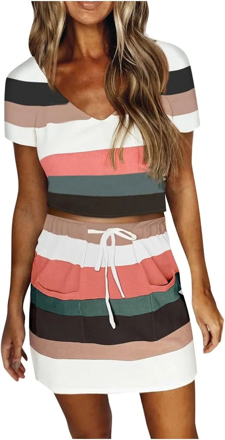 Sets for Juniors Graphic Mini Petite Cropped Match Pleated 2 Piece Striped Top Shirts Skirts Sets Women 2024