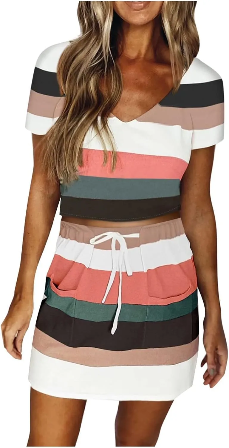 Sets for Juniors Graphic Mini Petite Cropped Match Pleated 2 Piece Striped Top Shirts Skirts Sets Women 2024