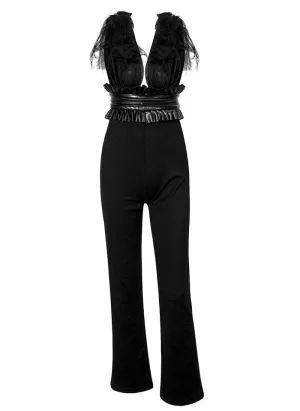 Sexy Black V-Neck Upper Body Mesh Straps High Waist Fit Jumpsuit For Ladies