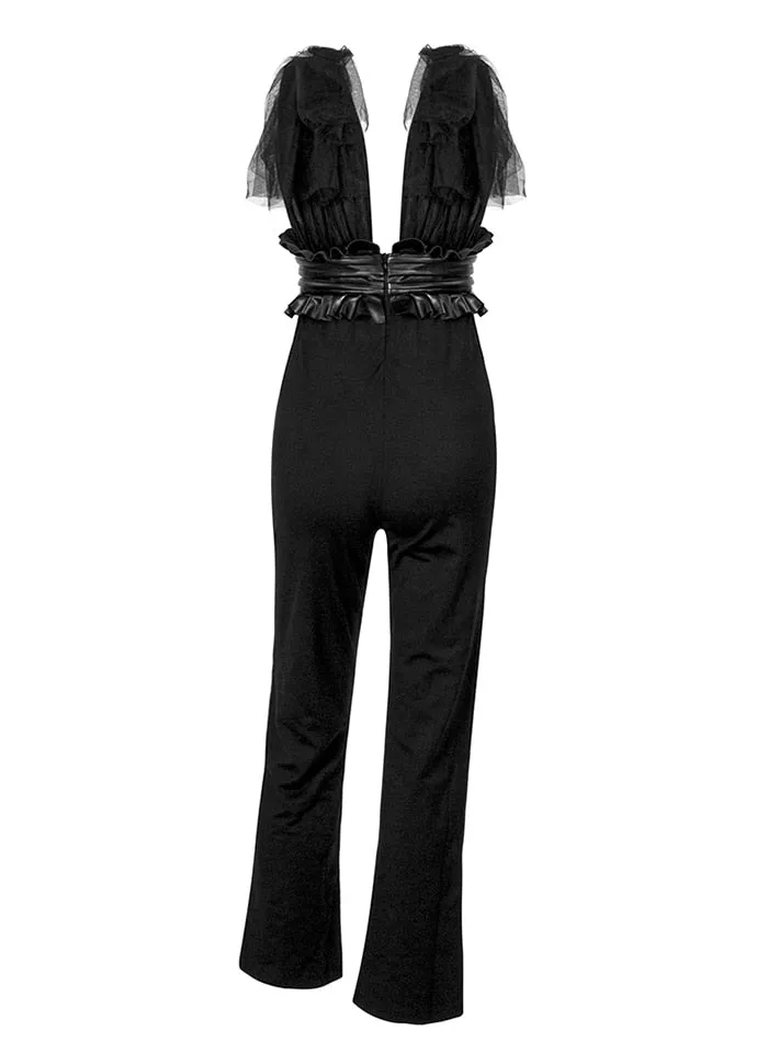 Sexy Black V-Neck Upper Body Mesh Straps High Waist Fit Jumpsuit For Ladies