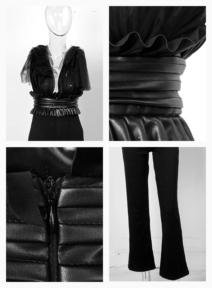 Sexy Black V-Neck Upper Body Mesh Straps High Waist Fit Jumpsuit For Ladies