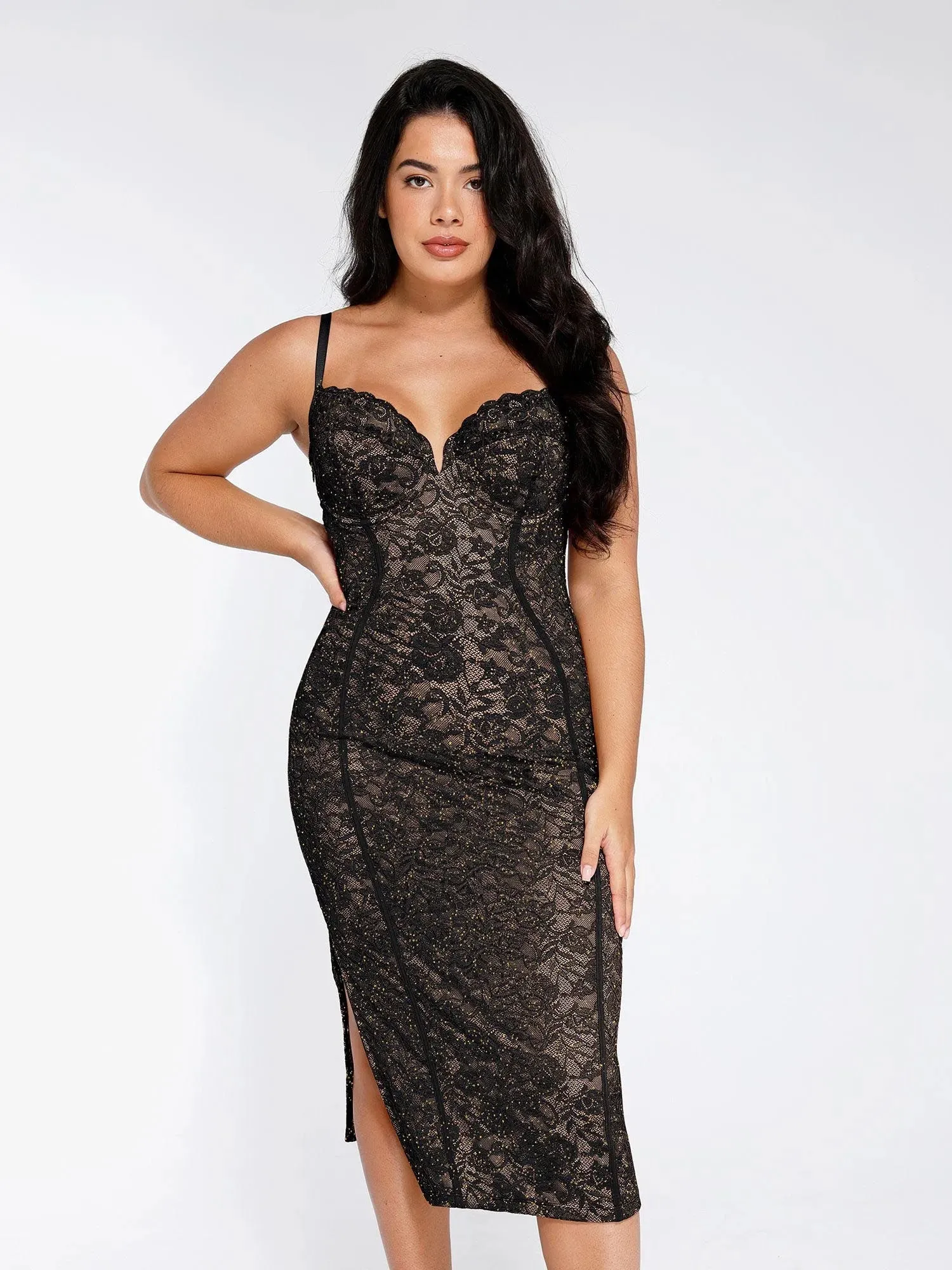 Shapewear All-Lace Hourglass Corset Side Slit Midi Dress All Day Comfort AllClimateAdaptive