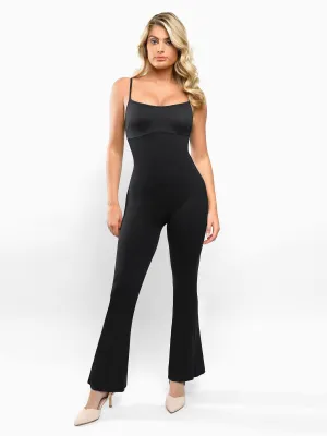 Smooth Zipper Integration Shapewear Butt Lift Flare Leg Strappy Jumpsuit