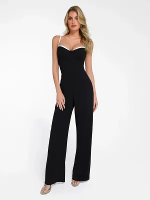 Shapewear Contrast Trim Waist Sculpting Wide-Leg Jumpsuit MultiFunctionalPockets