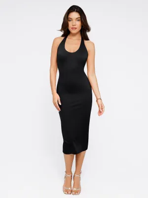 Anti Pill Surface Two Tone Texture Effect Shapewear Convertible Backless Halter Sculpting Midi Dress