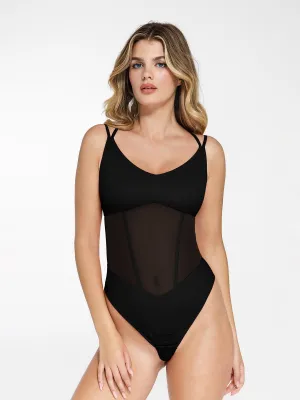 Shapewear Crisscross Back Illusion Mesh Sculpting Bodysuit SlimFitAdaptation Casual Blouse