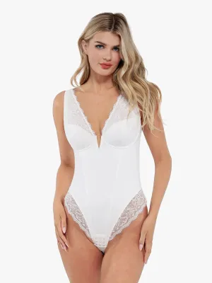 Shapewear Deep V-Neck Sculpting Lace Inset Bodysuit Breath Flex