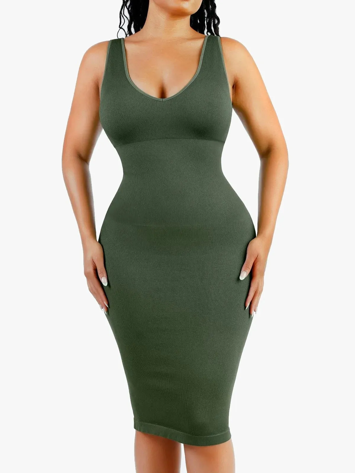 Cozy Knit Shapewear Deep V-Neck Tummy Control Midi Dress