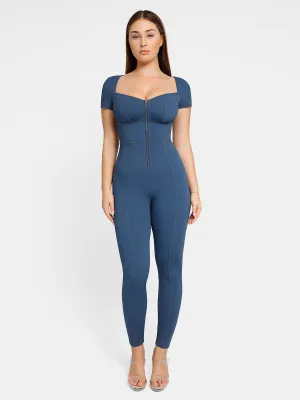 FasteningHood BreathableMeshInsert Shapewear Denim Short Sleeve Zip Front Butt Lift Jumpsuit