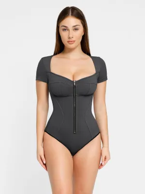 Shapewear Denim Short Sleeve Zip Front Slimming Bodysuit NoSlipGripperBand Reflective accents