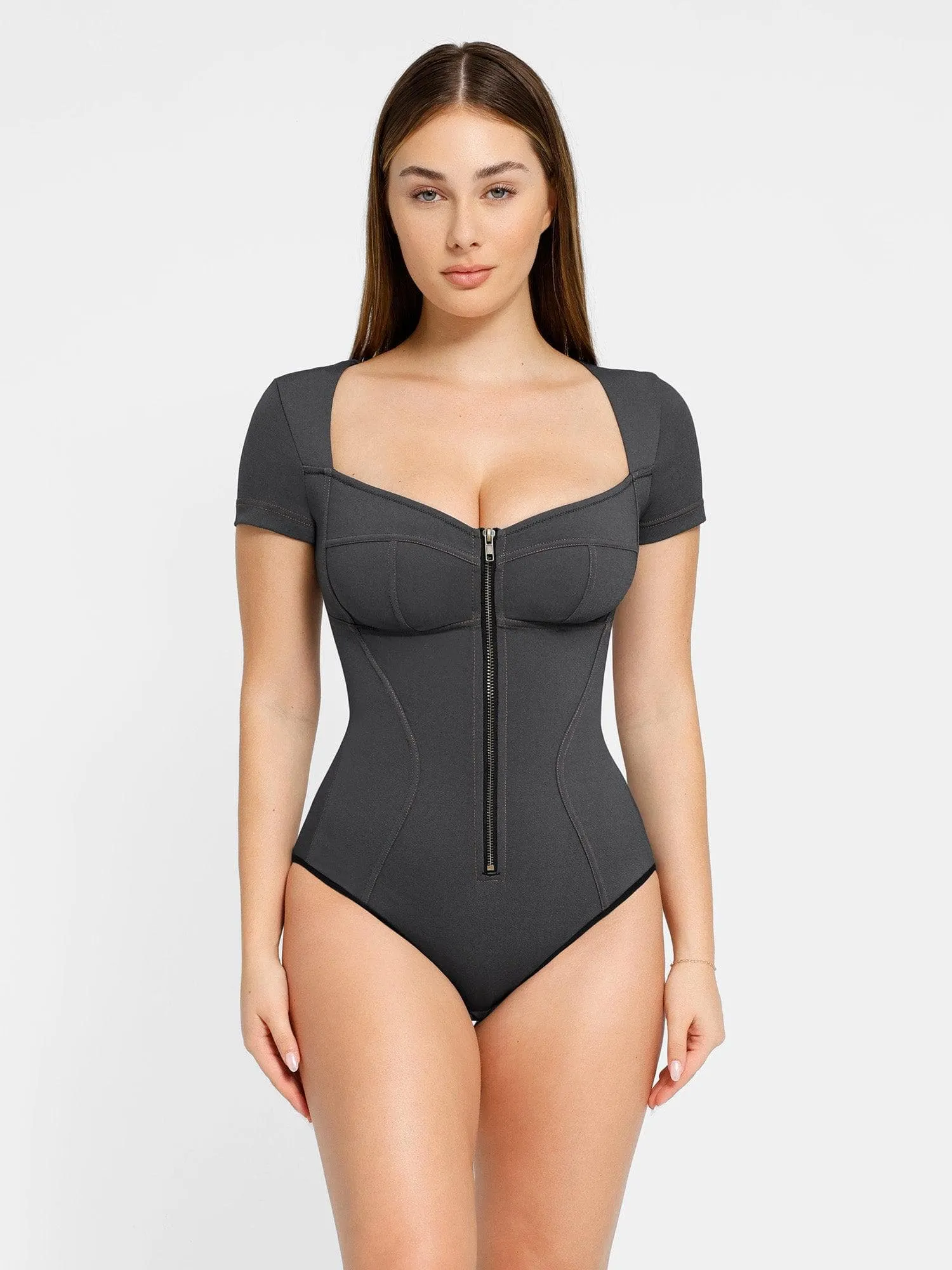 DoubleStitched Quick Dry Material Shapewear Denim Short Sleeve Zip Front Slimming Bodysuit