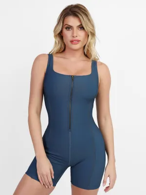 Shapewear Denim Square Neck Zip Front Sculpting Romper Smooth Zipper Integration
