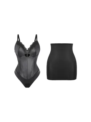 Double Chest Pocket Shapewear Faux Leather Hourglass Cutout Corset Bodysuit Butt Lifting Skirt Set