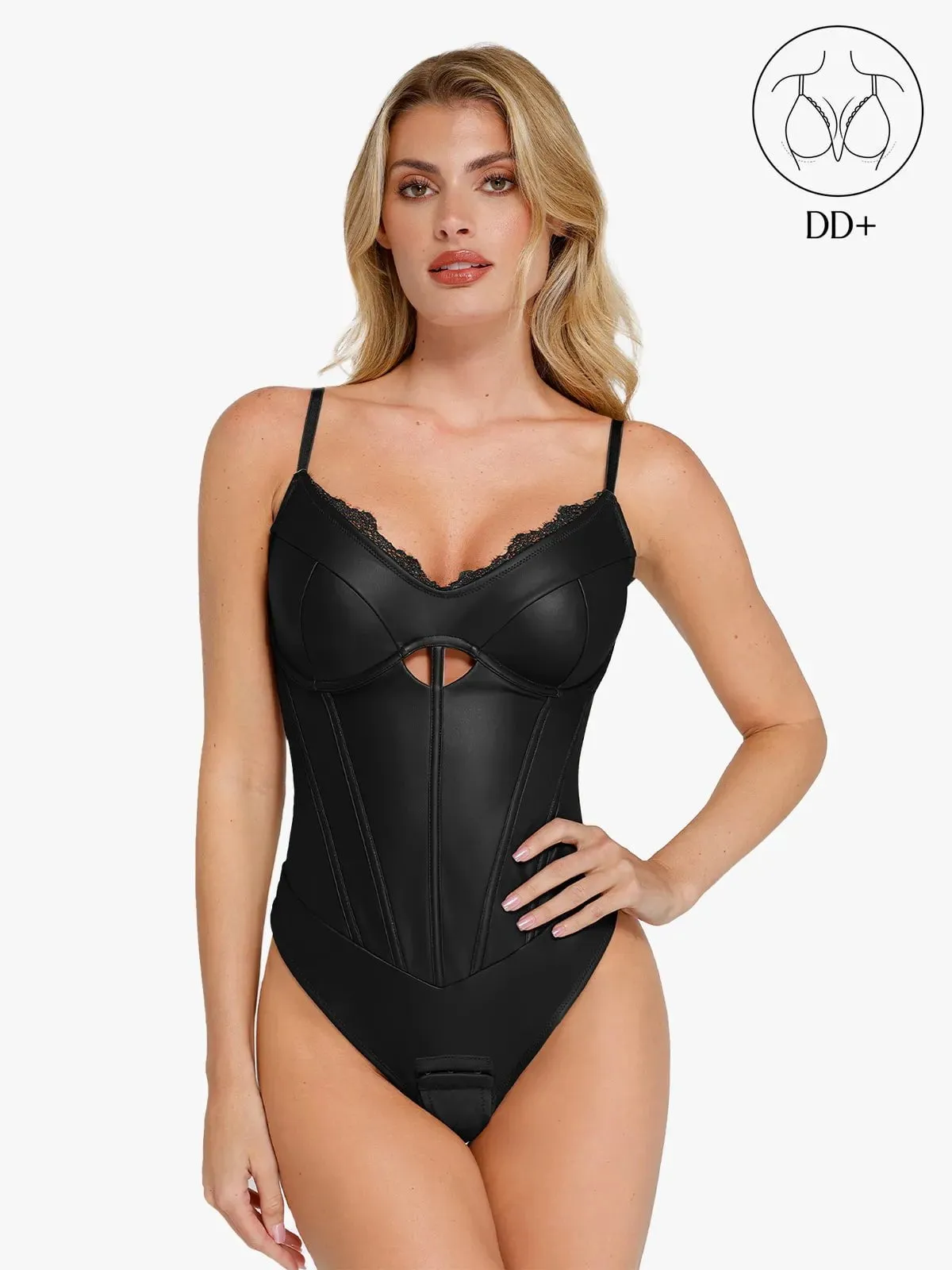 Shapewear Faux Leather Hourglass Cutout Corset Bodysuit FeatherlightConstruction Flexible Neckline