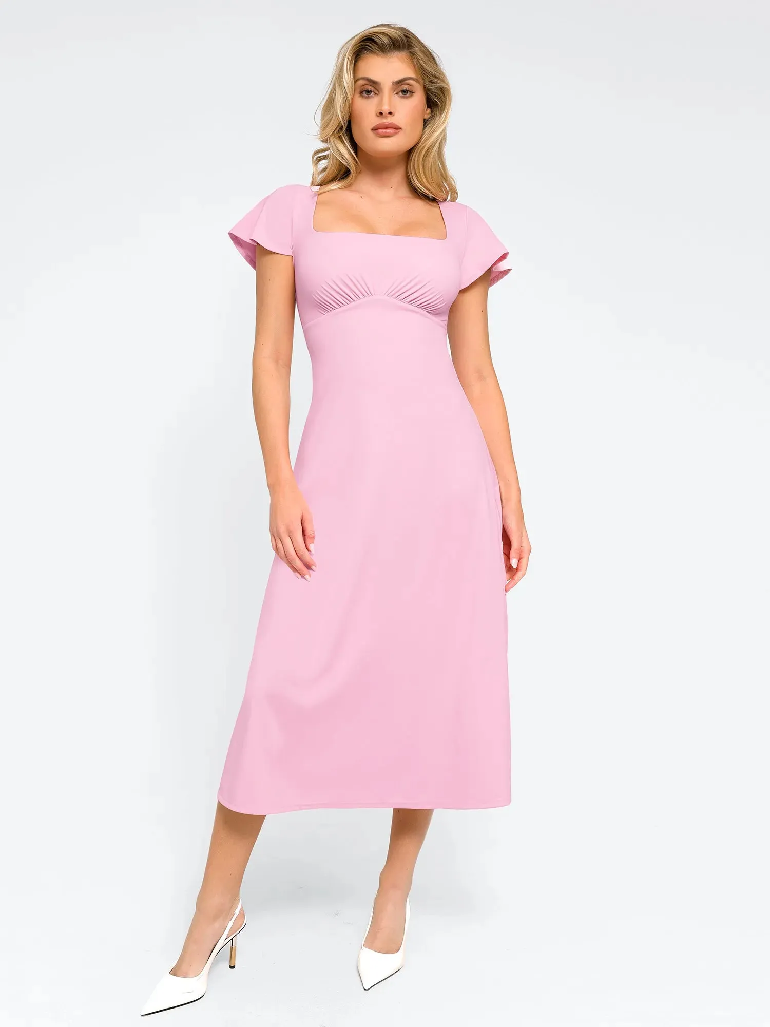 Shapewear Flutter Sleeve Sculpting A-Line Midi Dress FrictionResistant Trim Flexible Shoulder Gusset