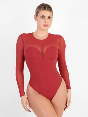 SeamFree Knitting Durable Stitch Pattern Shapewear Illusion Mesh Long Sleeve Tummy Control Bodysuit