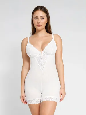 Versatile Wearable Sporty Comfort Wear Shapewear Lace Deep V-Neck Sculpting Mid-Thigh Bodysuit