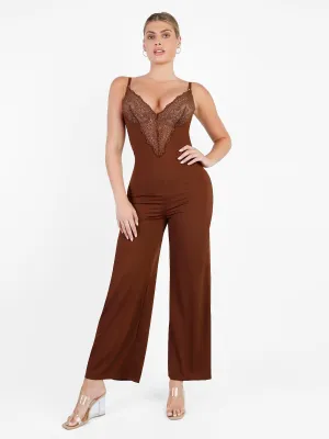 UltraSoftLining Erasable Surface Coating Shapewear Lace Deep V-Neck Sculpting Wide Leg Jumpsuit