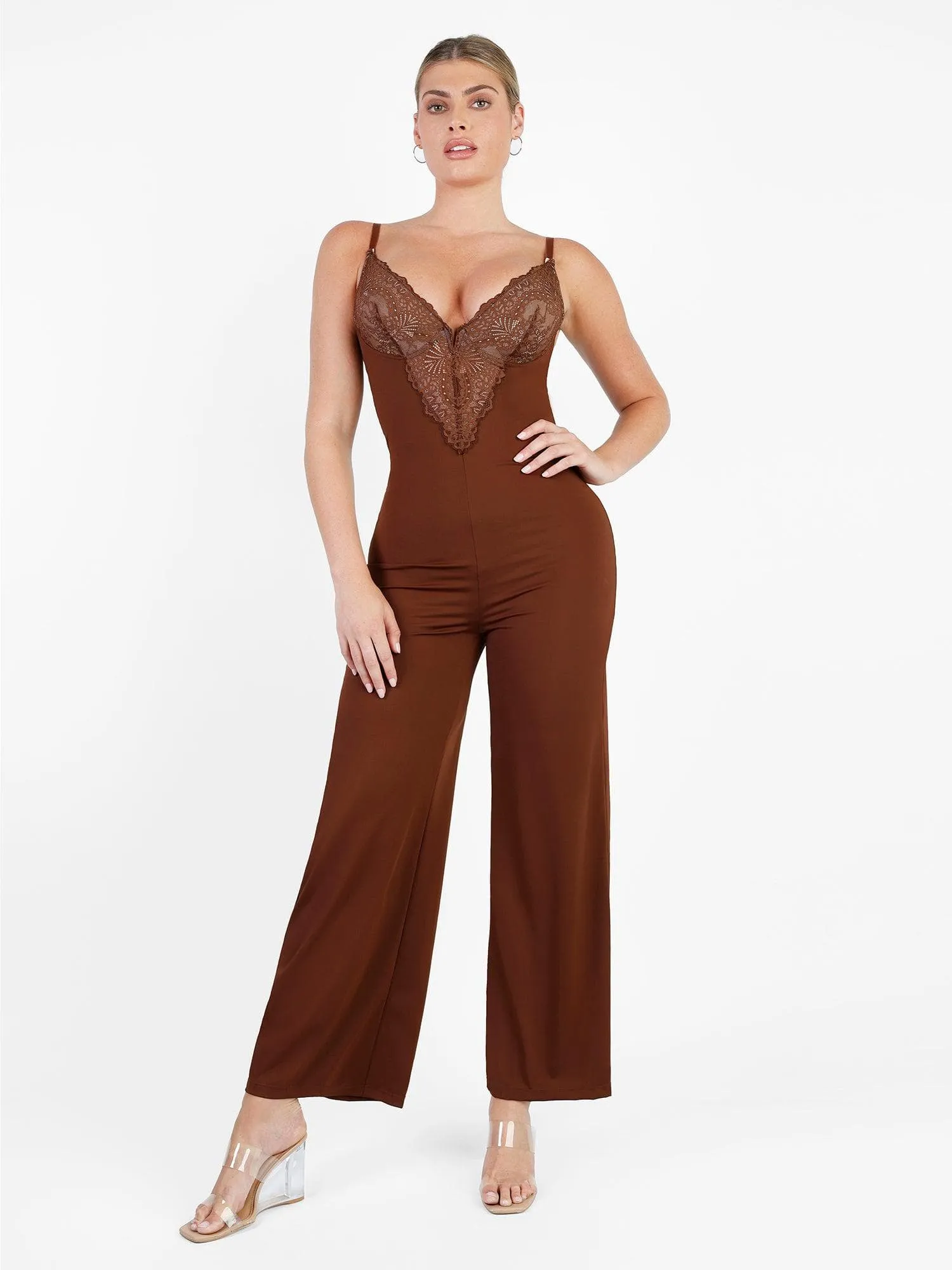 Shapewear Lace Deep V-Neck Sculpting Wide Leg Jumpsuit Metallic Fiber Blend