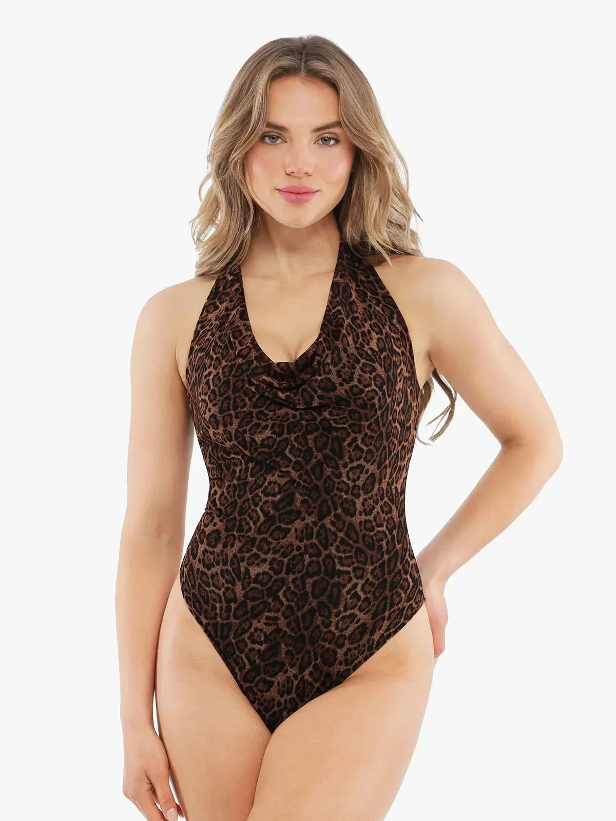 NonRestrictiveCollar Shapewear Leopard Cowl Neck Halter Tummy Control Bodysuit